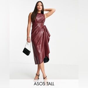ASOS DESIGN Tall high neck faux leather midi dress with tuck detail skirt